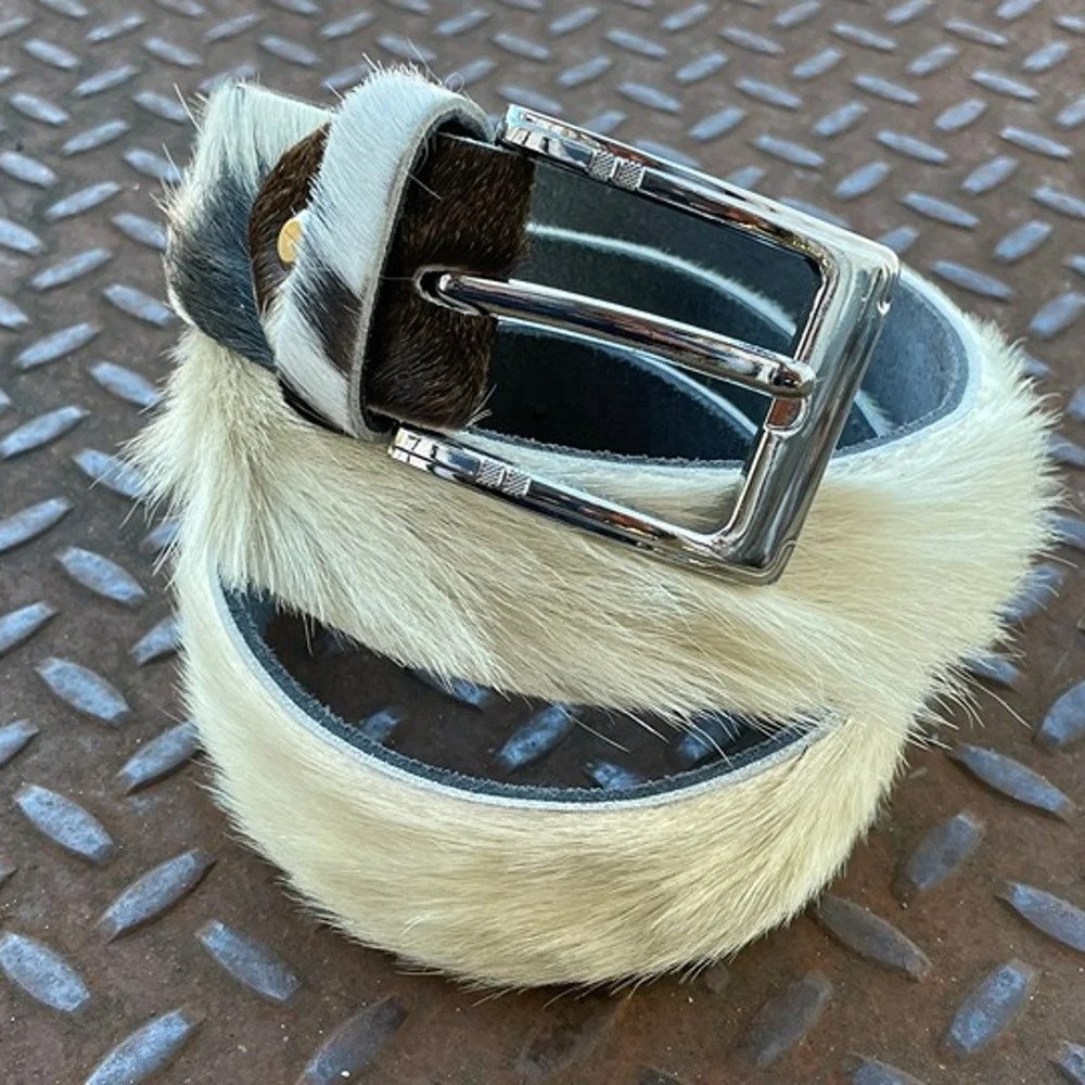 Real Fur Belt WhiteBlack Tone Genuine Leather Waistband Handmade Belt Size 38 - Picture 2 of 7